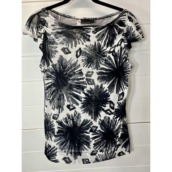 The Limited Tops - The Limited Women's Vintage Sheer Top M White BLK Floral Short Sleeve Rave Disco
